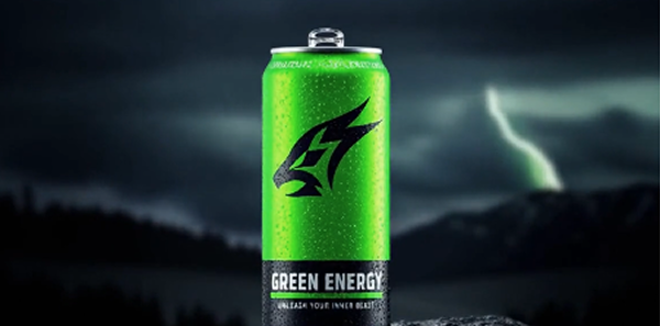 Green Energy Drink can with stormy background
